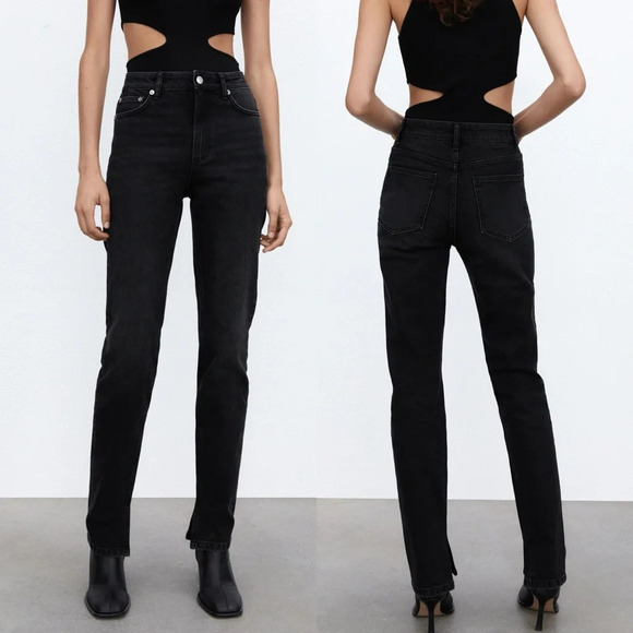 Zara Denim - Zara Split Hem Slim Jeans Black High-Rise Full Length Straight Leg Size 6